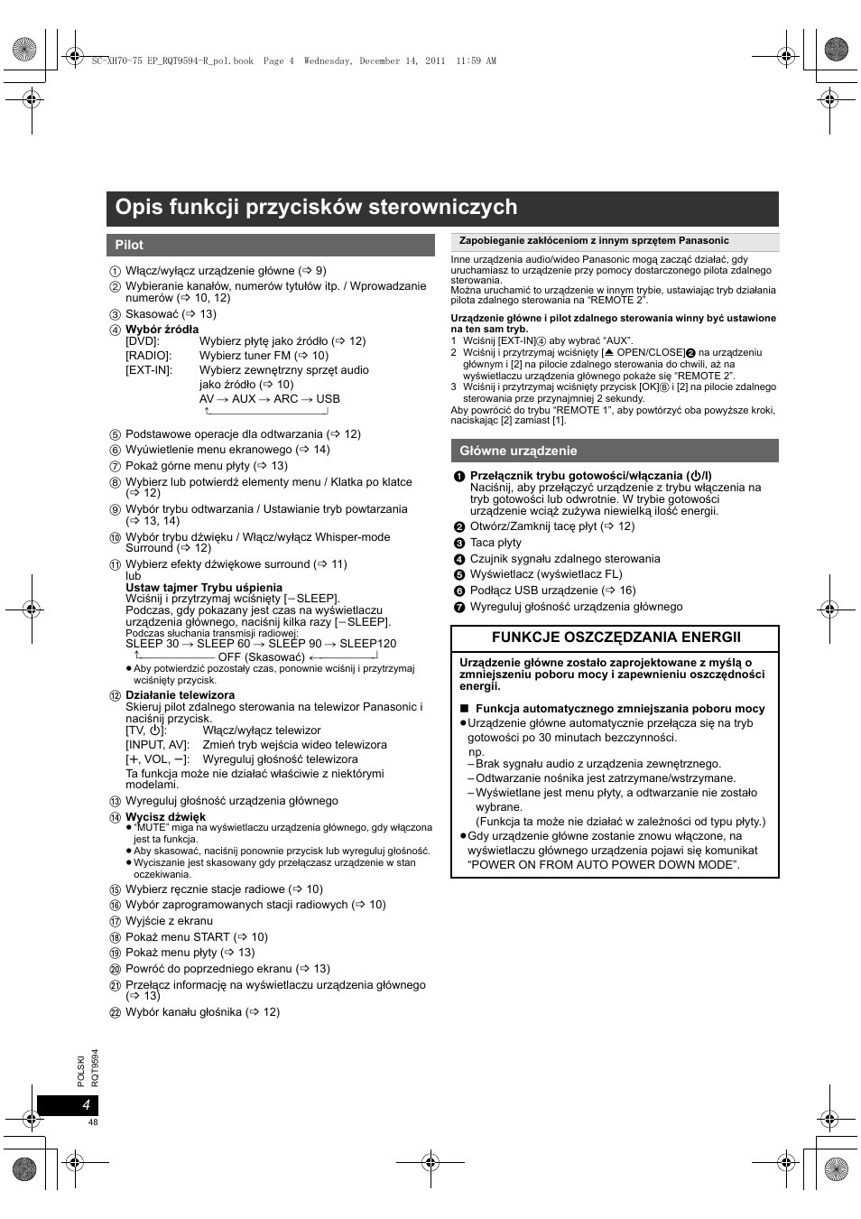Opis funkcji przycisków sterowniczych | Panasonic SCXH75EP User Manual | Page 48 / 94