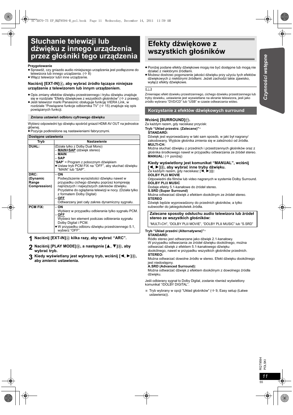 Efekty dźwiękowe z wszystkich głośników | Panasonic SCXH75EP User Manual | Page 55 / 94