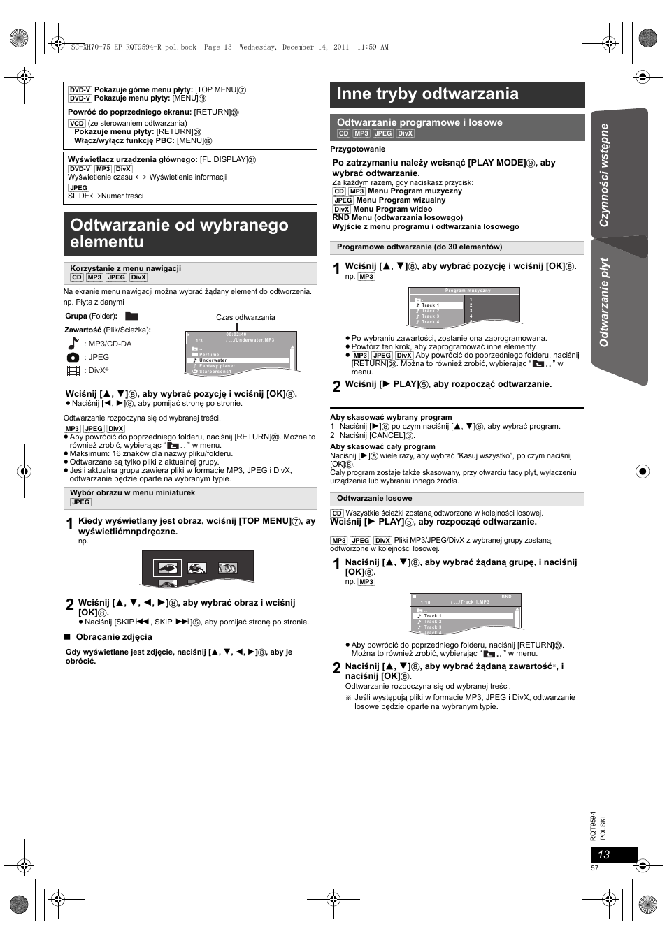 Odtwarzanie od wybranego elementu, Inne tryby odtwarzania | Panasonic SCXH75EP User Manual | Page 57 / 94