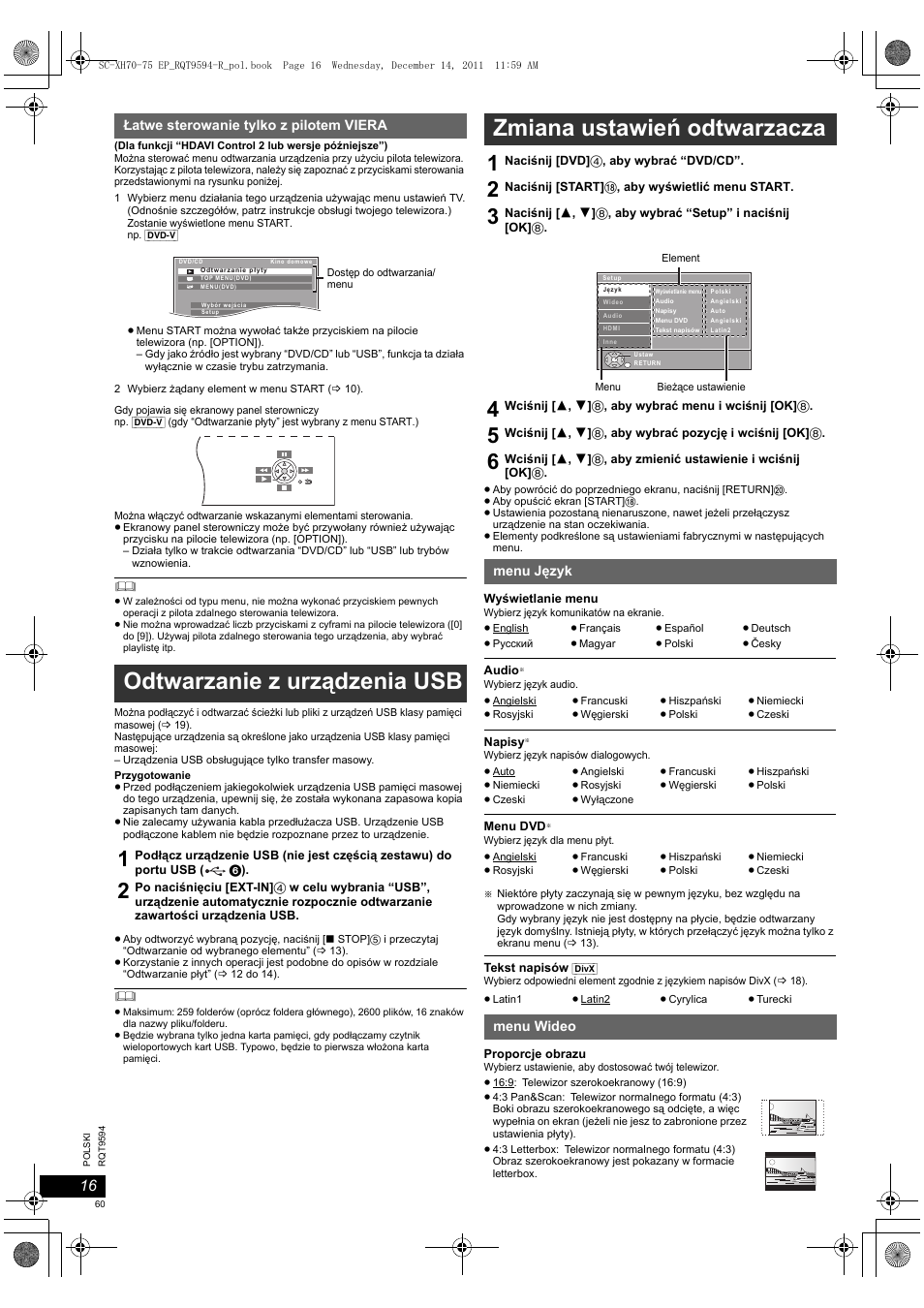 Odtwarzanie z urządzenia usb, Zmiana ustawień odtwarzacza | Panasonic SCXH75EP User Manual | Page 60 / 94