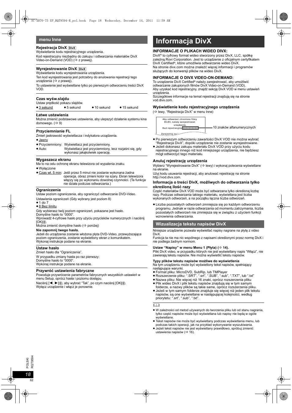 Informacja divx | Panasonic SCXH75EP User Manual | Page 62 / 94