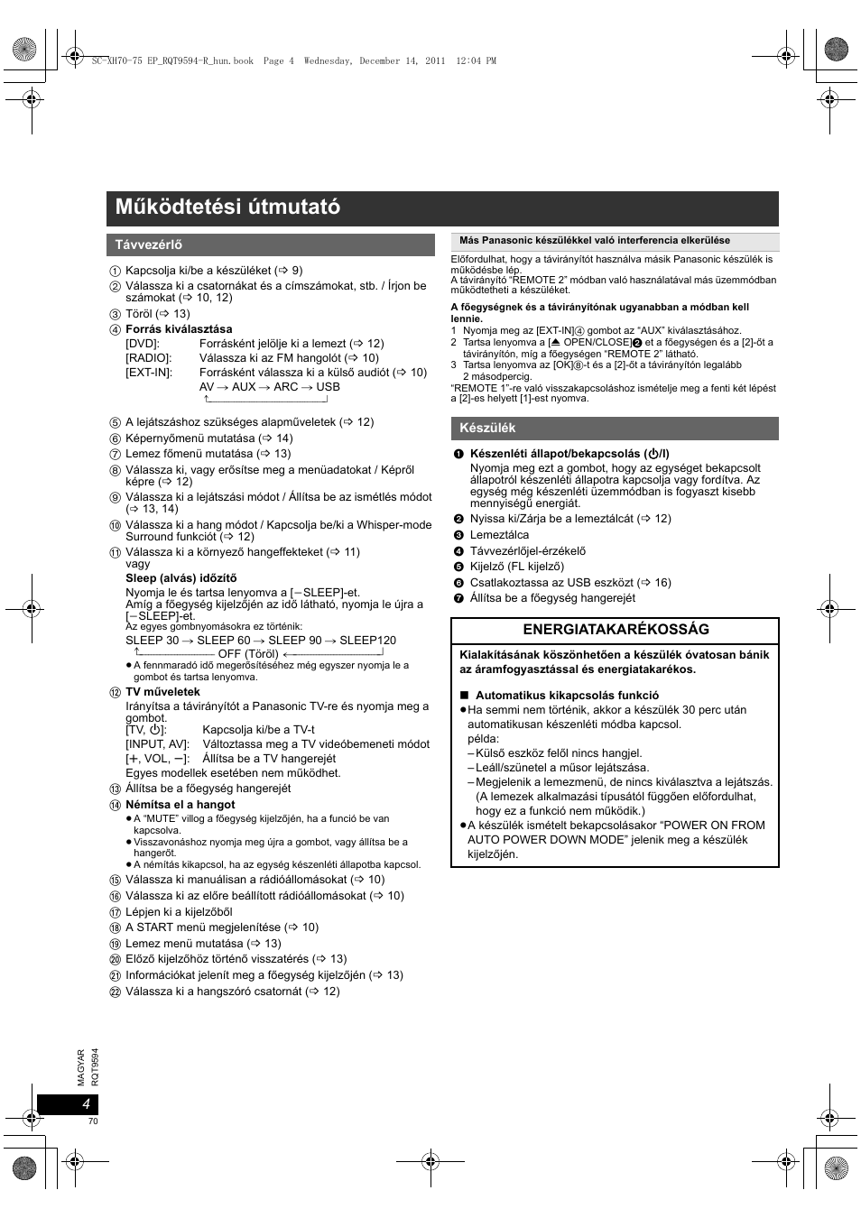 Működtetési útmutató | Panasonic SCXH75EP User Manual | Page 70 / 94