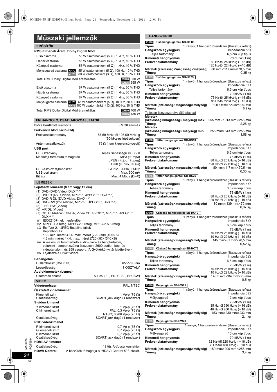 Műszaki jellemzők | Panasonic SCXH75EP User Manual | Page 90 / 94