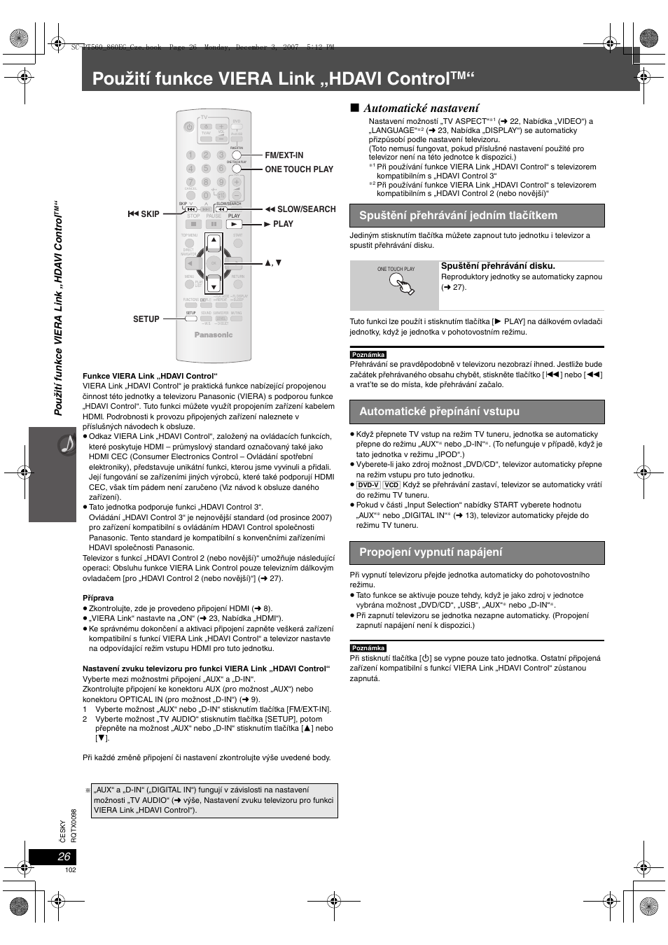 Použití funkce viera link „hdavi control, Automatické nastavení, Spuštění přehrávání jedním tlačítkem | Panasonic SCPT860 User Manual | Page 102 / 116