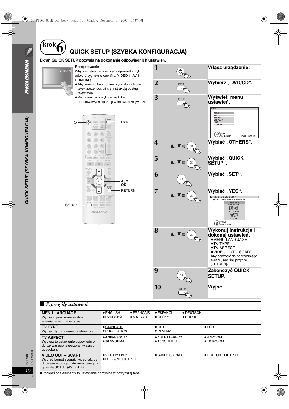 Krok, Quick setup (szybka konfiguracja), Szczegóły ustawień | Prosta instalacja, Włącz urządzenie, Wybierz „dvd/cd, Wyświetl menu ustawień, Wybiać „others, Wybiać „quick setup, Wybiać „set | Panasonic SCPT860 User Manual | Page 48 / 116