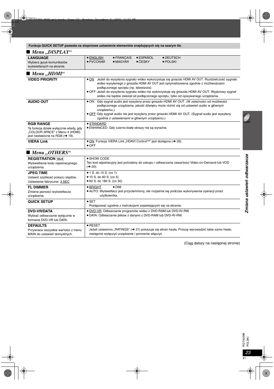 Menu „display“ ∫ menu „hdmi“ ∫ menu „others | Panasonic SCPT860 User Manual | Page 61 / 116