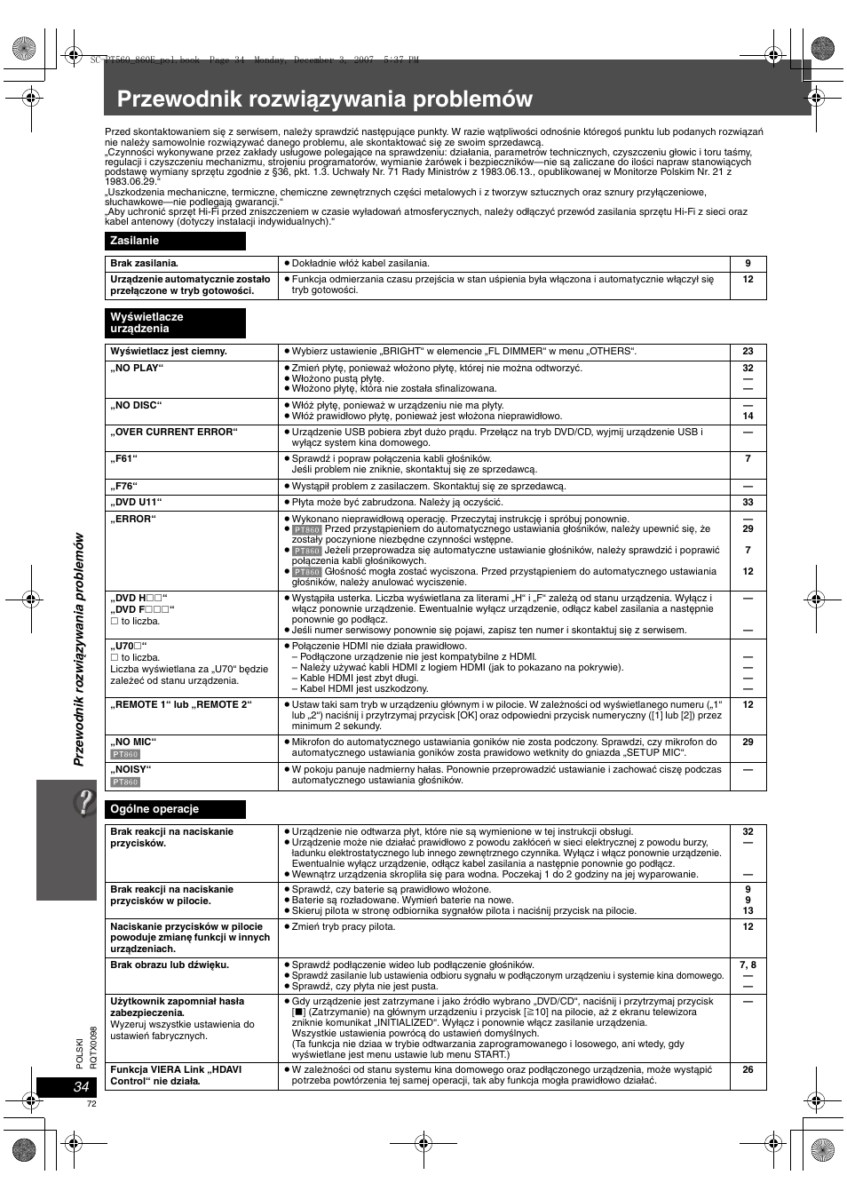Przewodnik rozwiązywania problemów | Panasonic SCPT860 User Manual | Page 72 / 116