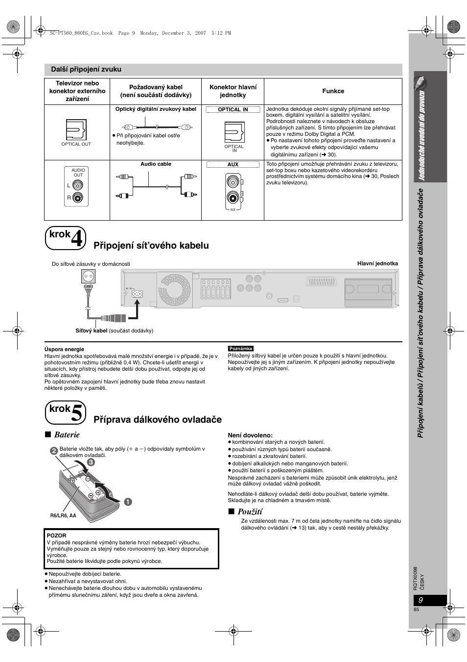 Krok, Připojení sít’ového kabelu, Příprava dálkového ovladače | Baterie, Použití | Panasonic SCPT860 User Manual | Page 85 / 116