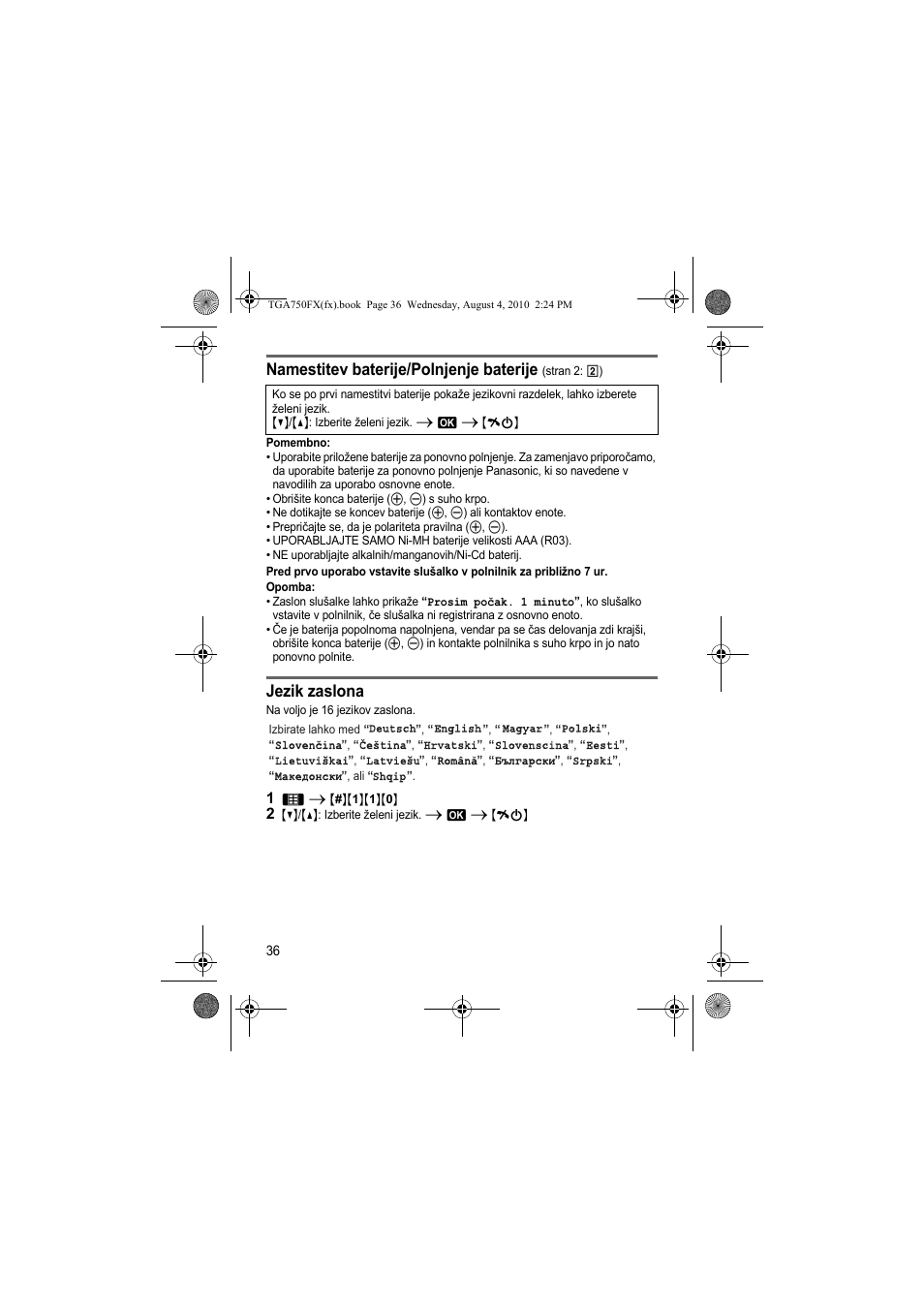 Namestitev baterije/polnjenje baterije, Jezik zaslona | Panasonic KXTGA750FX User Manual | Page 36 / 76