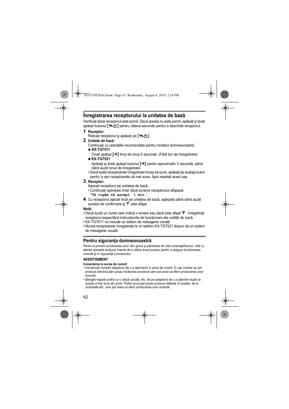 Înregistrarea receptorului la unitatea de bază | Panasonic KXTGA750FX User Manual | Page 42 / 76