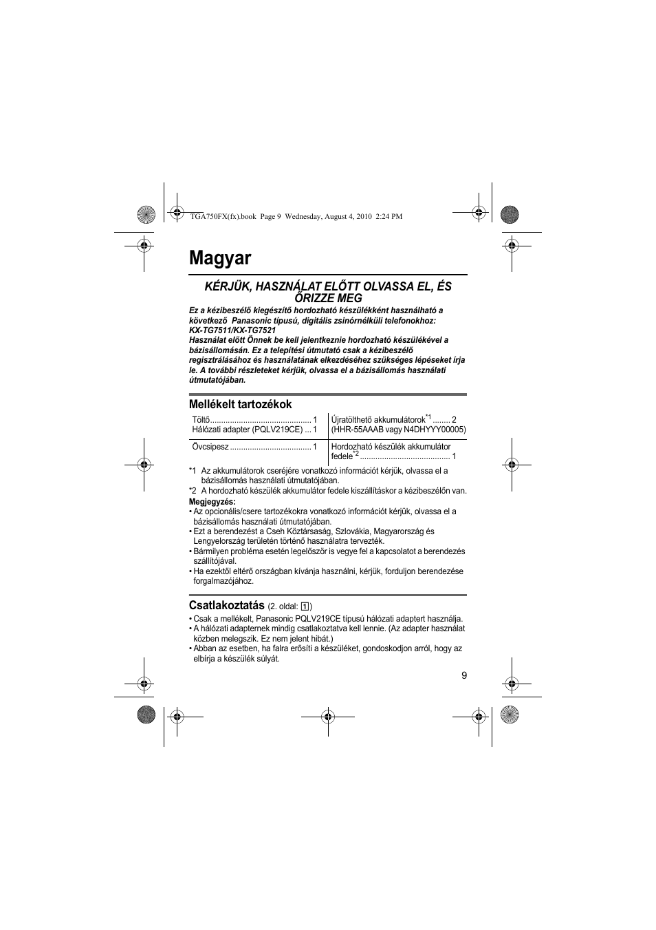 Magyar, Kérjük, használat előtt olvassa el, és őrizze meg, Mellékelt tartozékok | Csatlakoztatás | Panasonic KXTGA750FX User Manual | Page 9 / 76