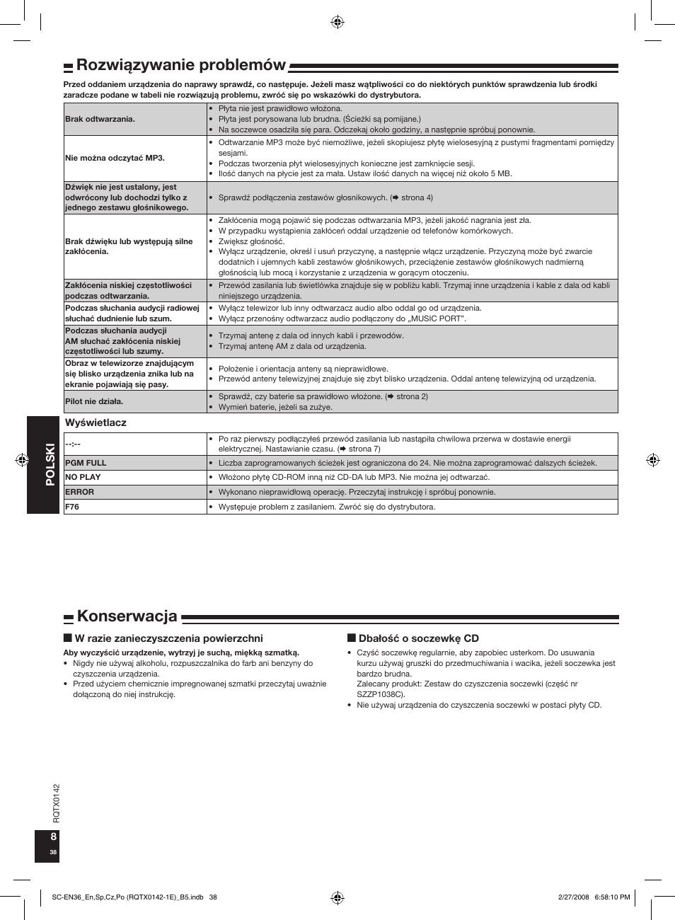 Konserwacja, Rozwi¹zywanie problemów, Polski | Panasonic SCEN36 User Manual | Page 38 / 40