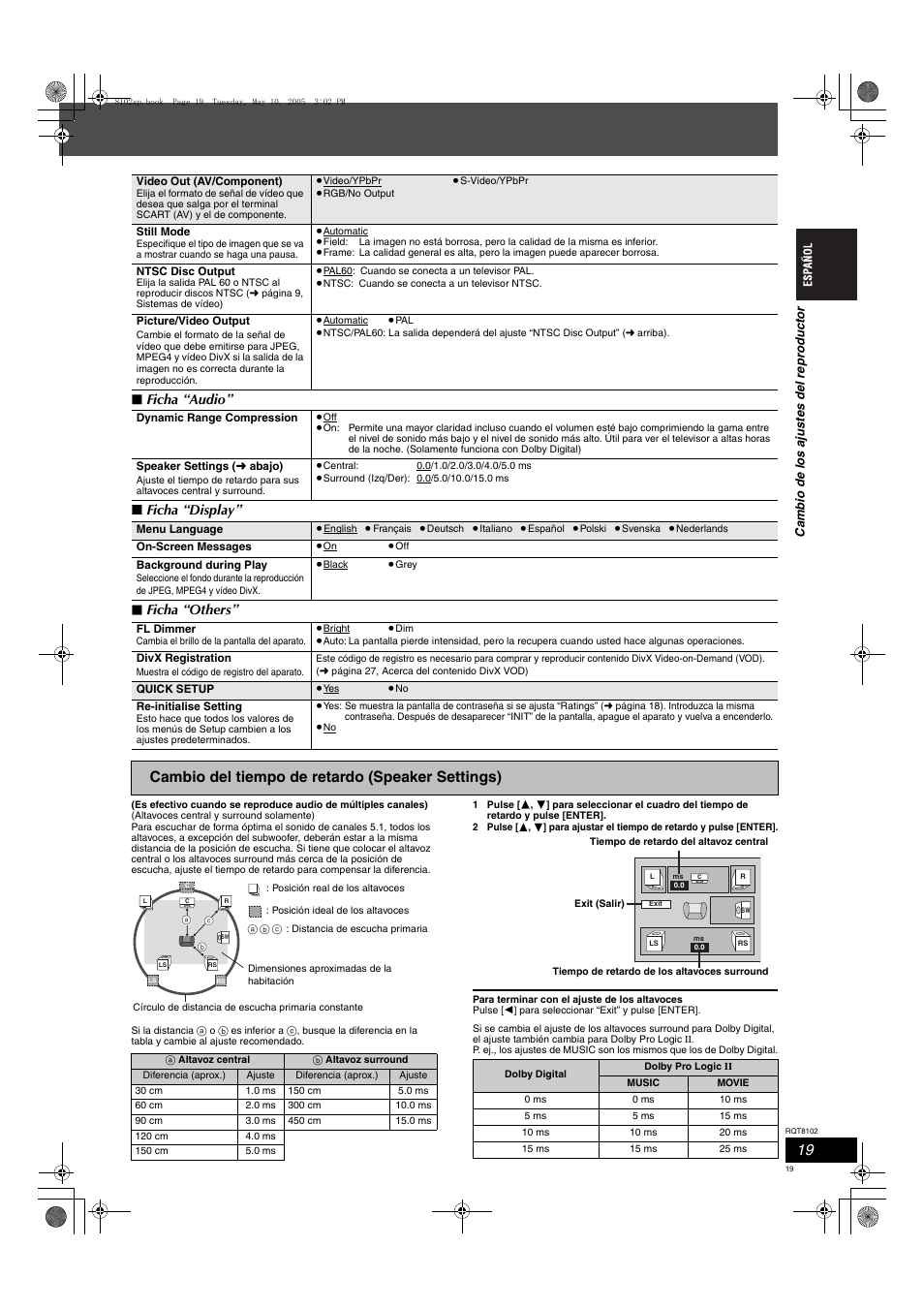 Cambio del tiempo de retardo (speaker settings), Ficha “audio” ∫ ficha “display” ∫ ficha “others | Panasonic SCHT335 User Manual | Page 19 / 92