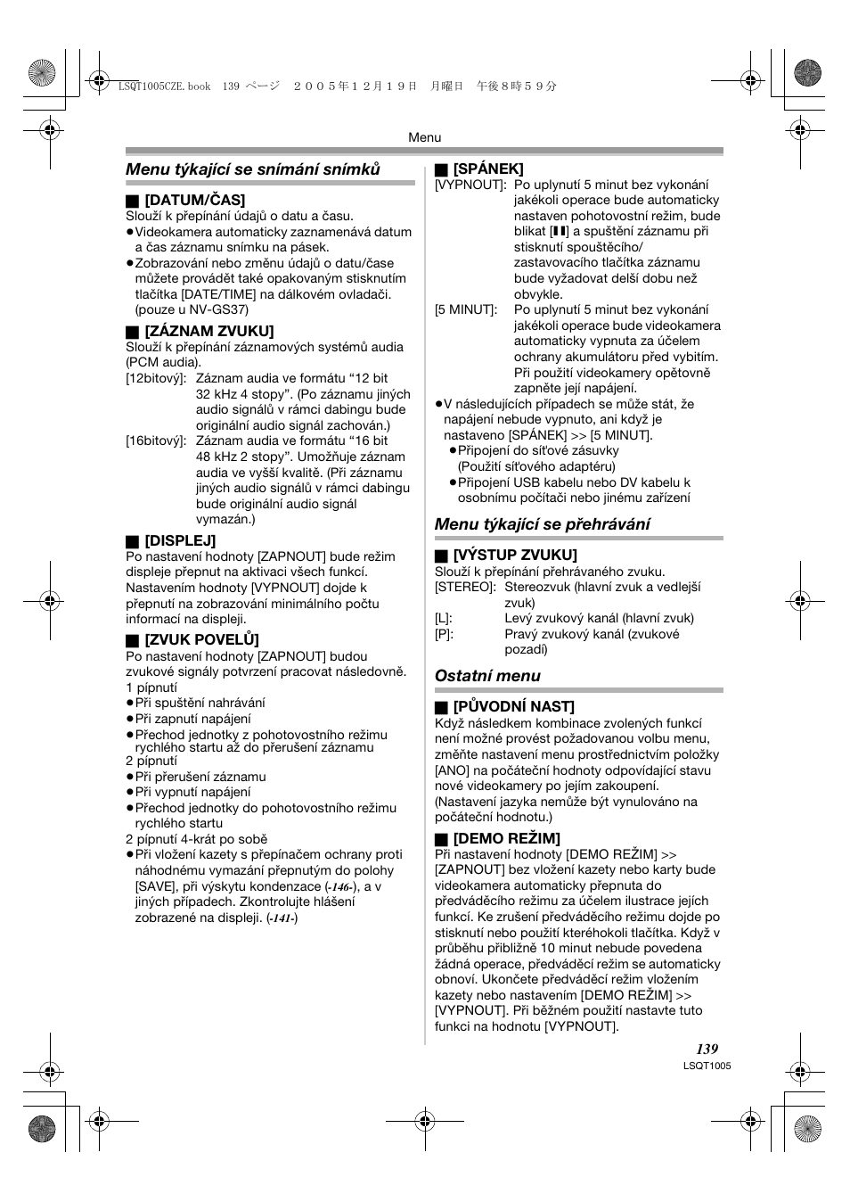 Menu týkající se snímání snímků, Menu týkající se přehrávání, Ostatní menu | Panasonic NVGS37EP User Manual | Page 139 / 204