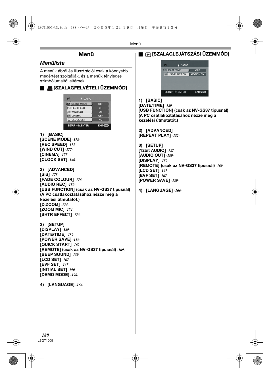 Menü, Menülista | Panasonic NVGS37EP User Manual | Page 188 / 204