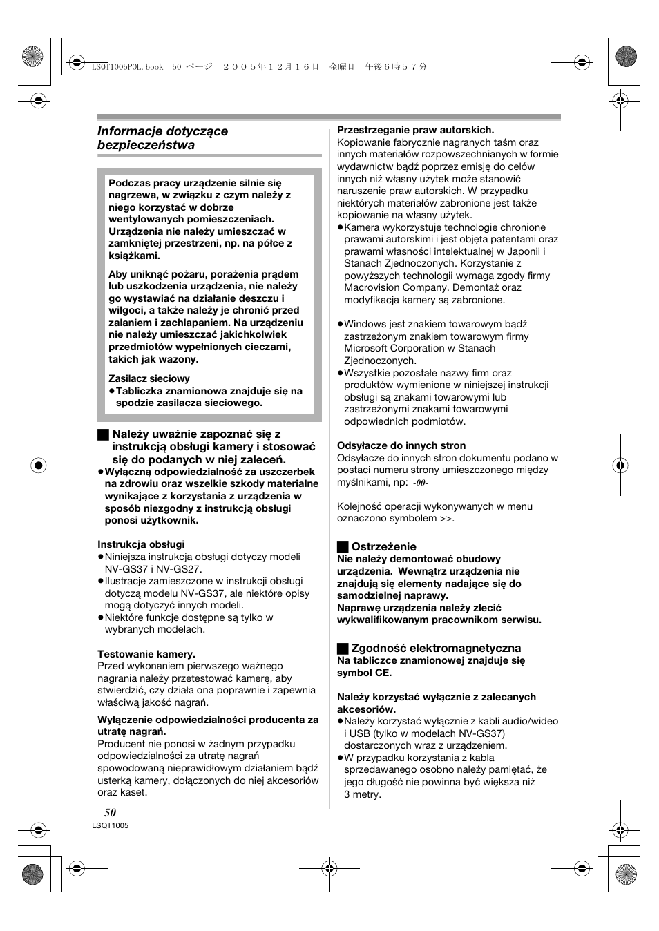 Informacje dotyczące bezpieczeństwa | Panasonic NVGS37EP User Manual | Page 50 / 204
