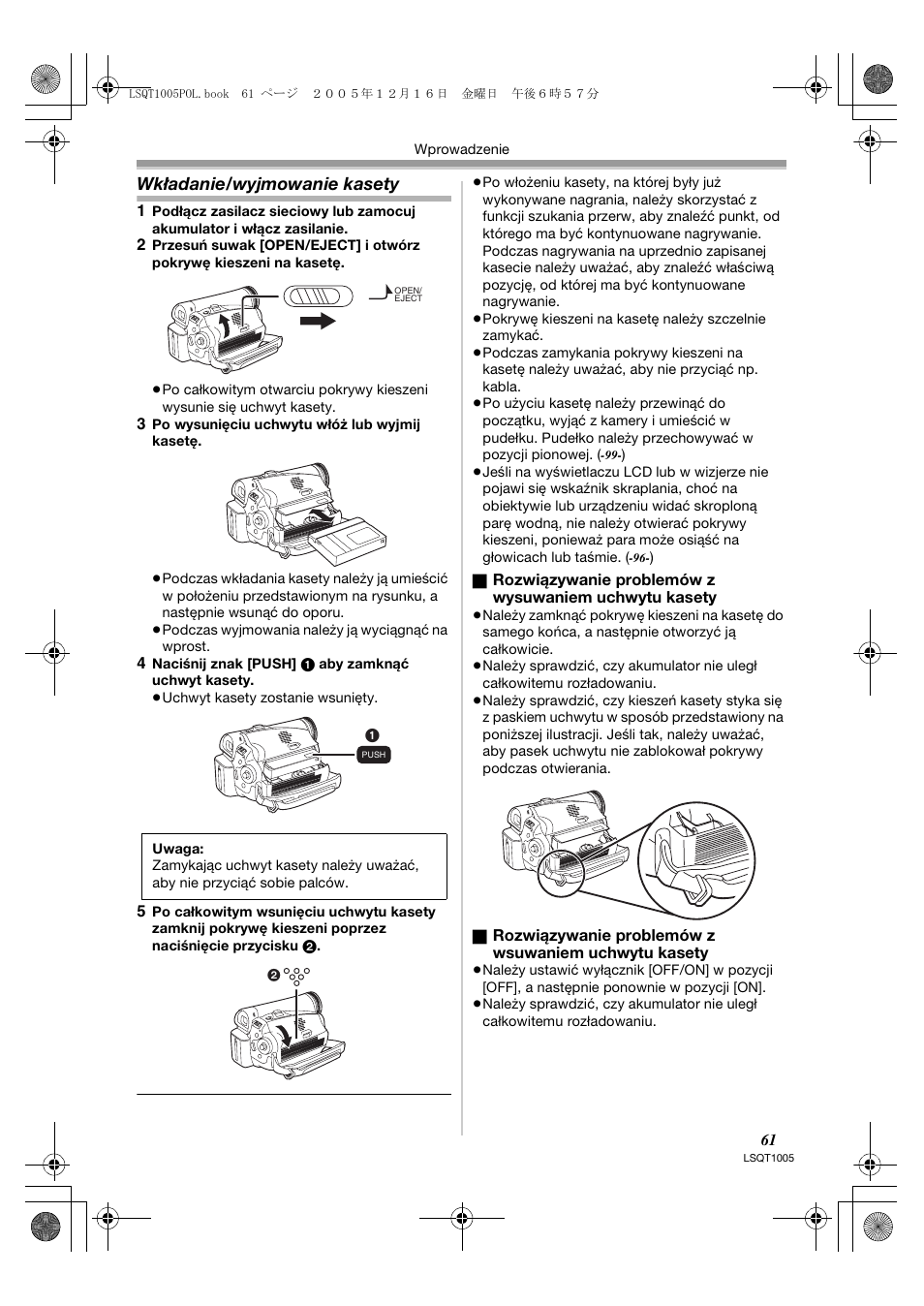 Wkładanie/wyjmowanie kasety | Panasonic NVGS37EP User Manual | Page 61 / 204