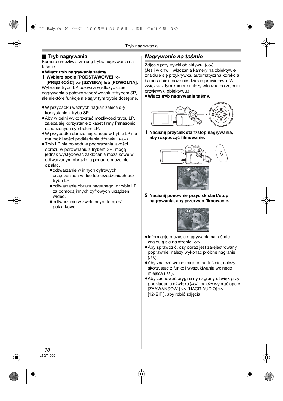 Nagrywanie na taśmie | Panasonic NVGS37EP User Manual | Page 70 / 204
