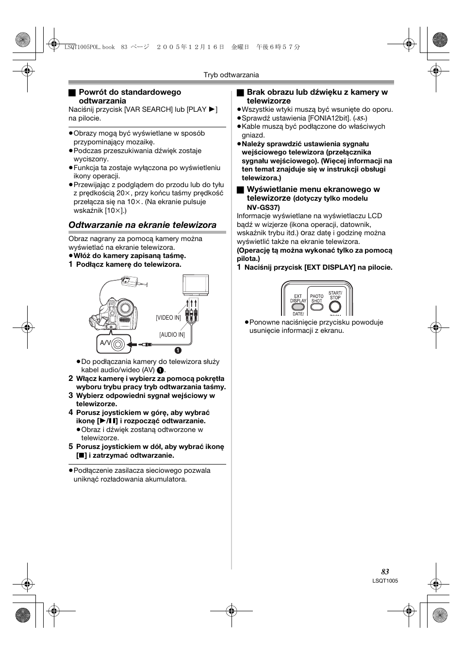 Odtwarzanie na ekranie telewizora | Panasonic NVGS37EP User Manual | Page 83 / 204