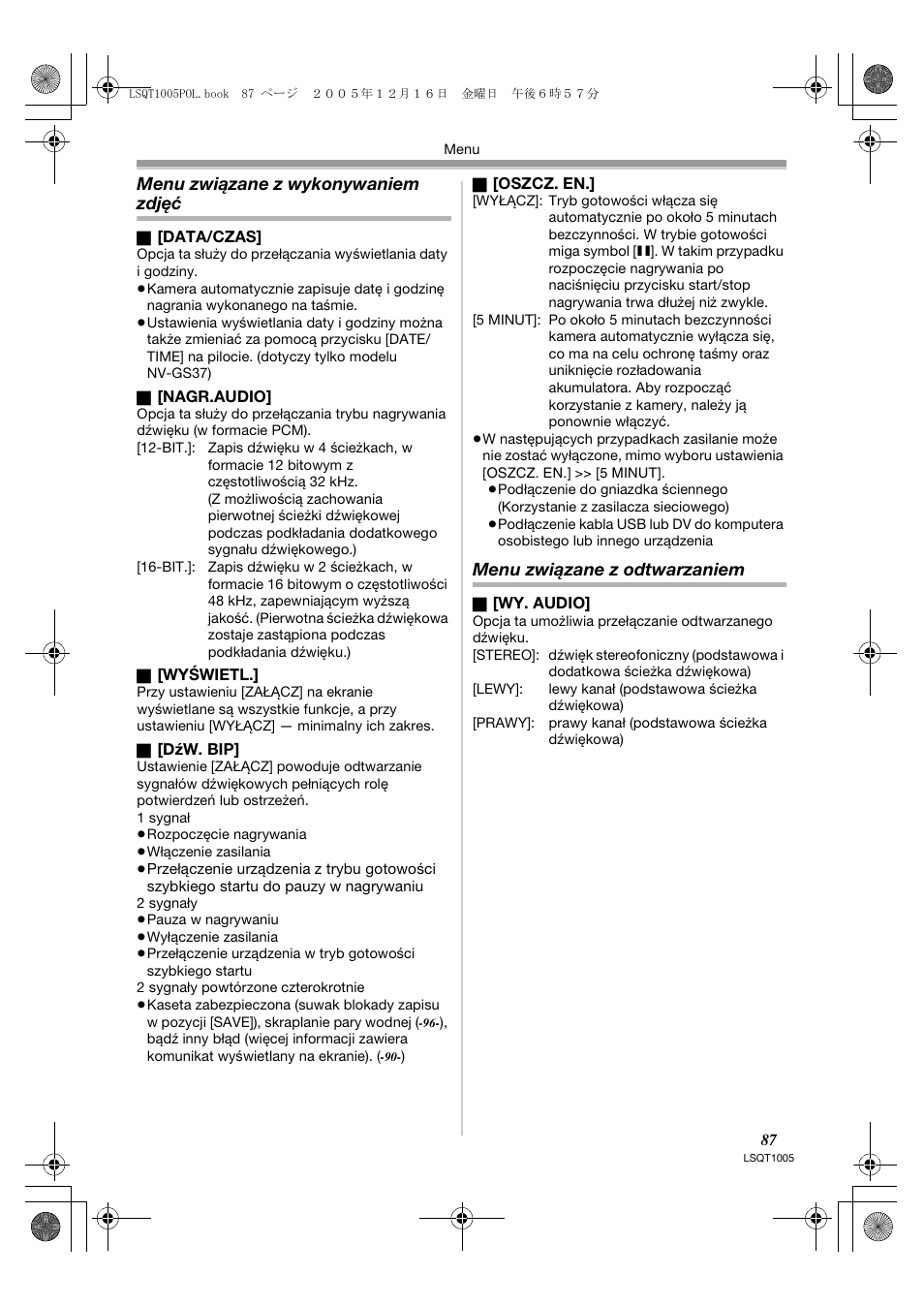 Menu związane z wykonywaniem zdjęć, Menu związane z odtwarzaniem | Panasonic NVGS37EP User Manual | Page 87 / 204
