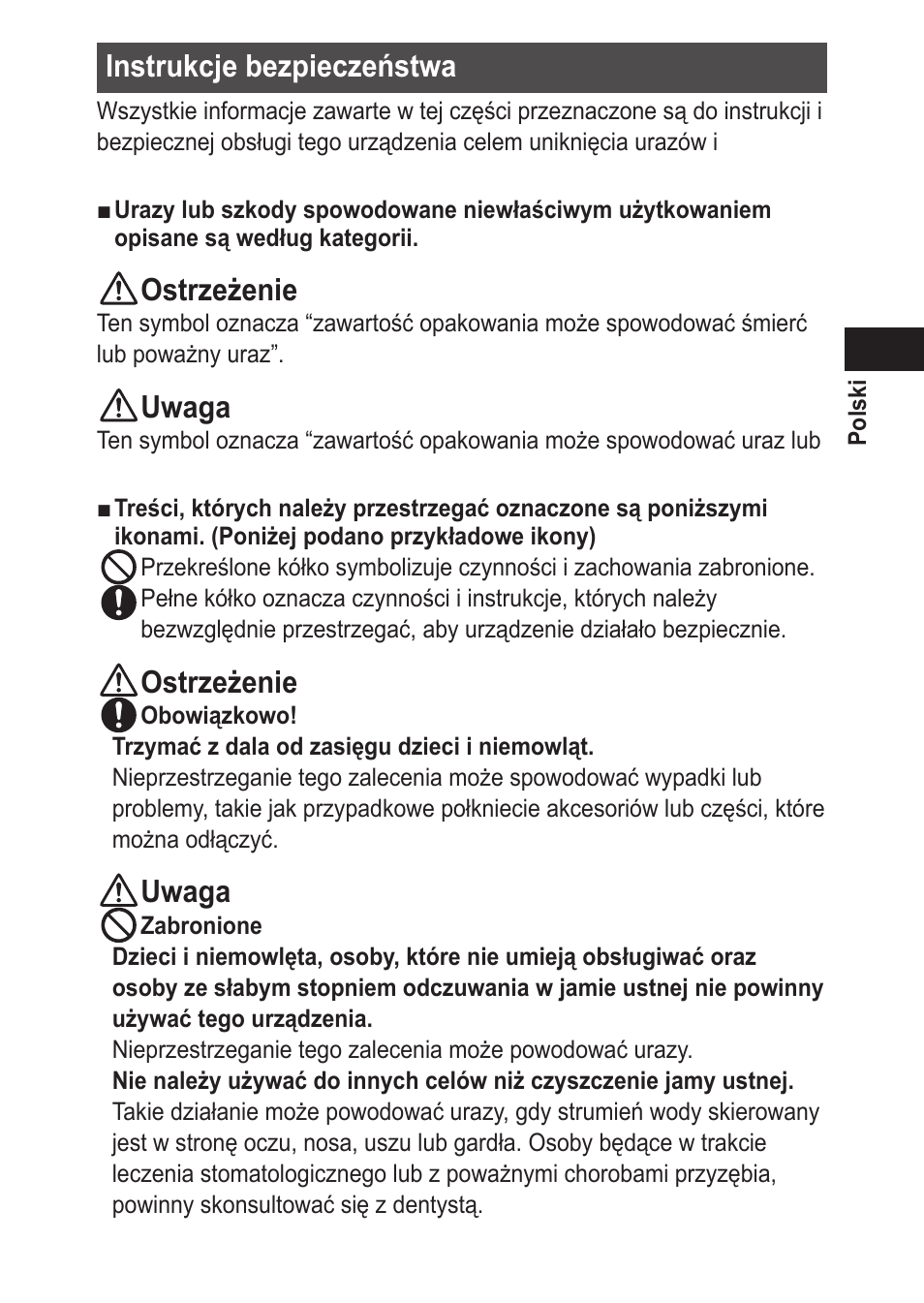Instrukcjebezpieczeństwa, Ostrzeżenie, Uwaga | Panasonic EWDJ10 User Manual | Page 141 / 216