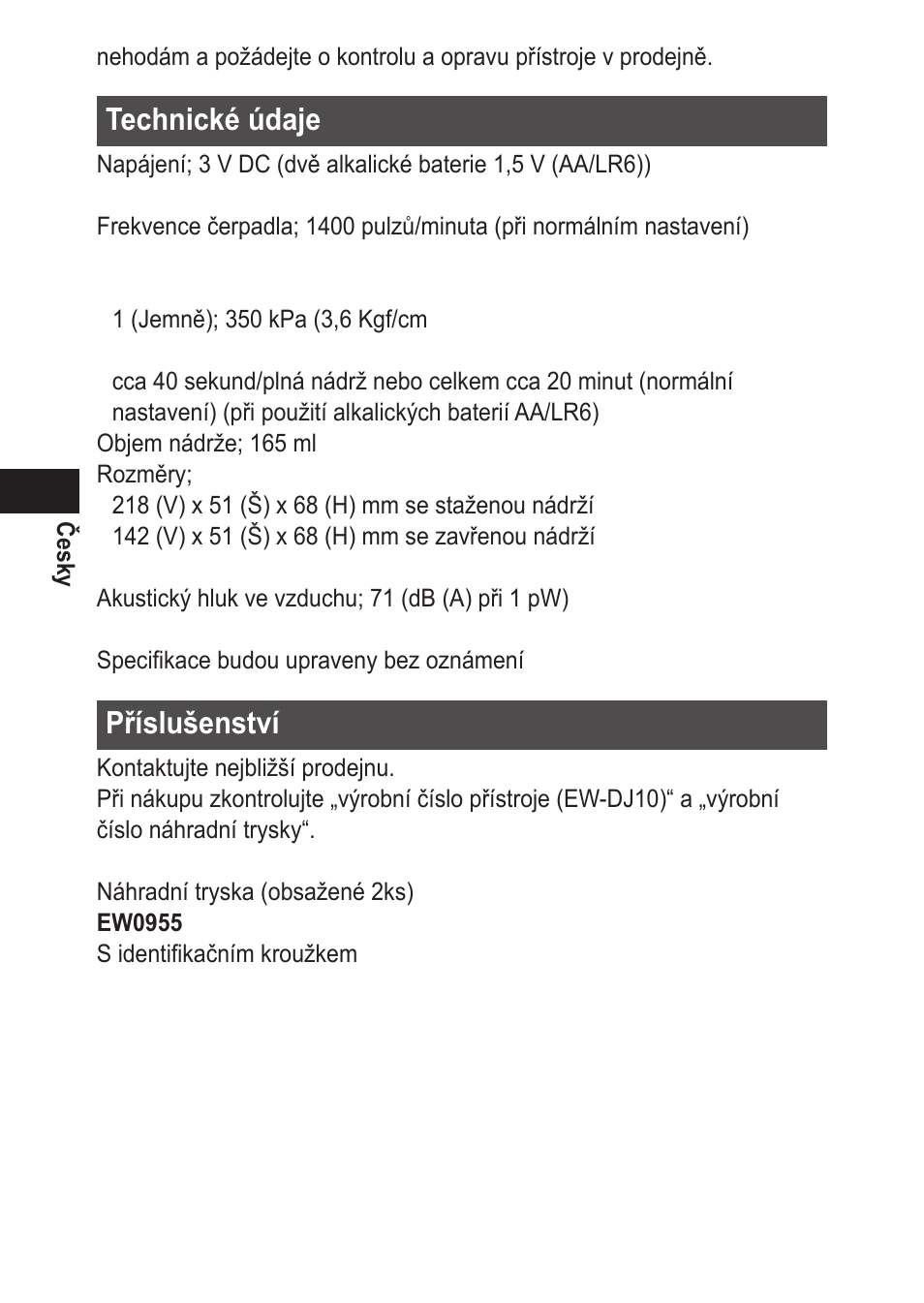 Technickéúdaje, Příslušenství | Panasonic EWDJ10 User Manual | Page 164 / 216