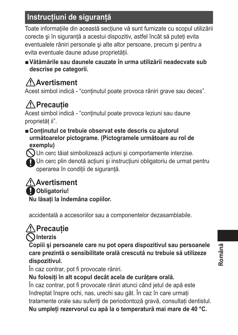 Instrucţiunidesiguranţă, Avertisment, Precauţie | Panasonic EWDJ10 User Manual | Page 191 / 216