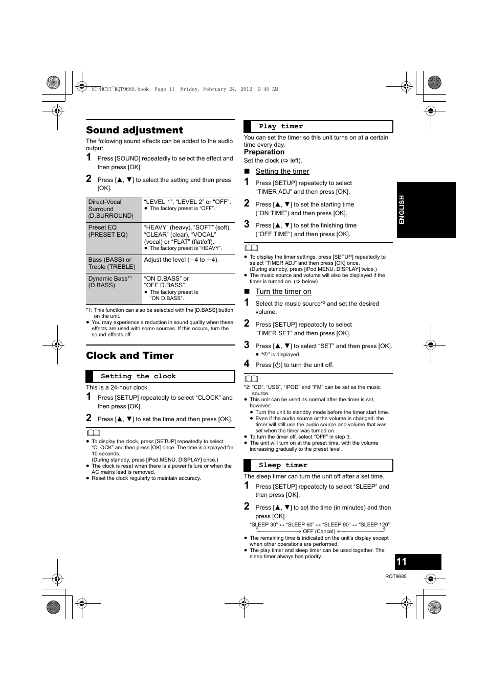 Sound adjustment, Clock and timer | Panasonic SCHC37EC User Manual | Page 11 / 44
