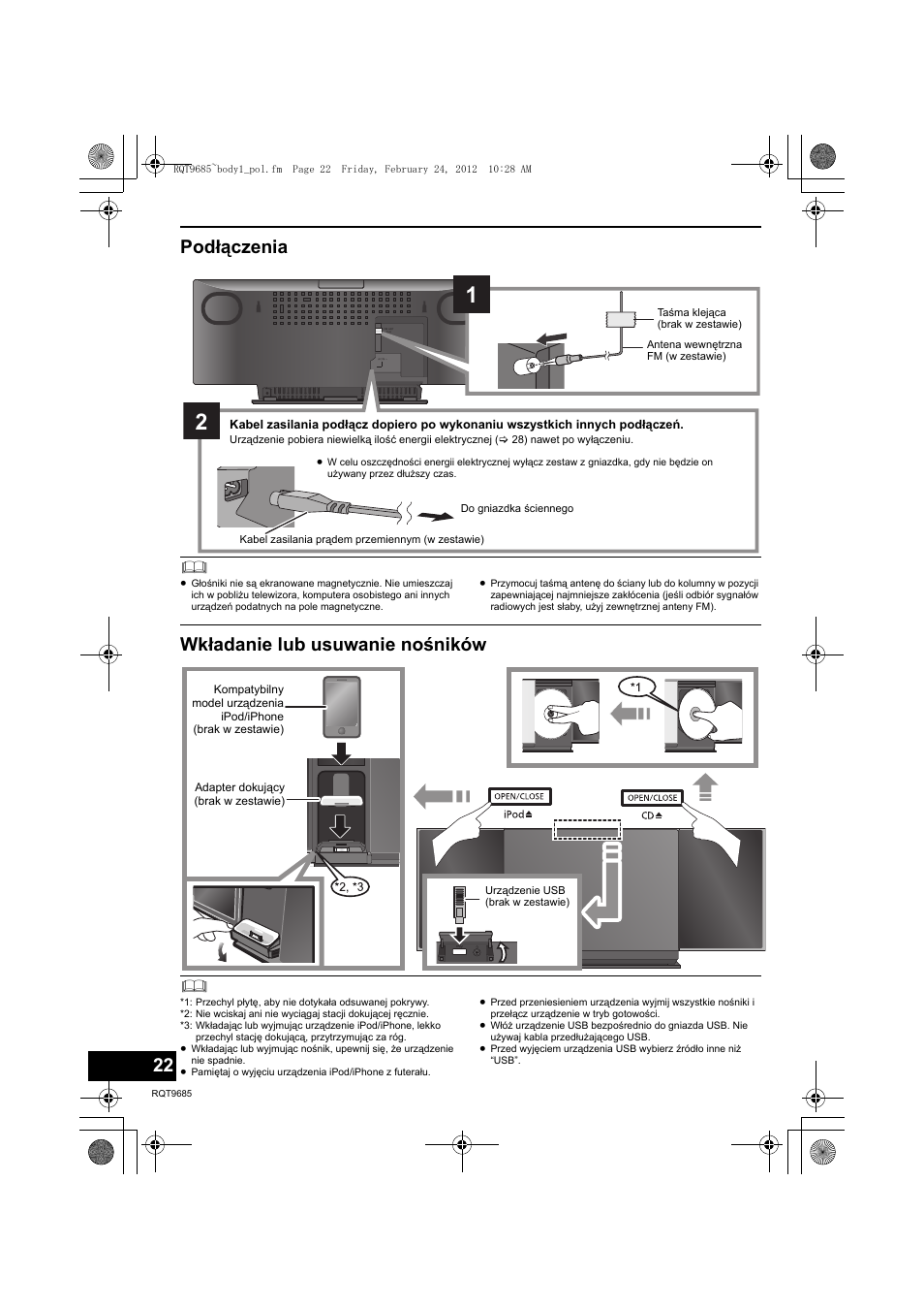 Podłączenia, Wkładanie lub usuwanie nośników | Panasonic SCHC37EC User Manual | Page 22 / 44