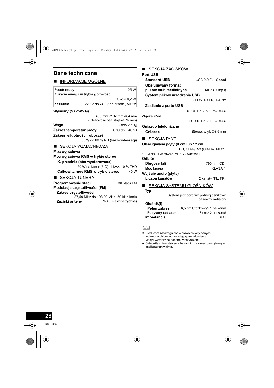 Dane techniczne | Panasonic SCHC37EC User Manual | Page 28 / 44