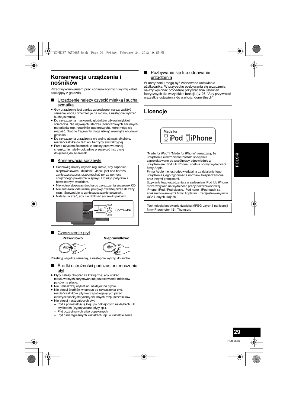 Konserwacja urządzenia i nośników, Licencje | Panasonic SCHC37EC User Manual | Page 29 / 44