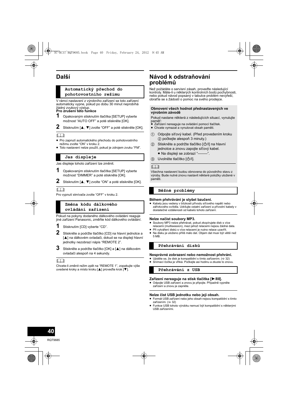 Další, Návod k odstraňování problémů | Panasonic SCHC37EC User Manual | Page 40 / 44