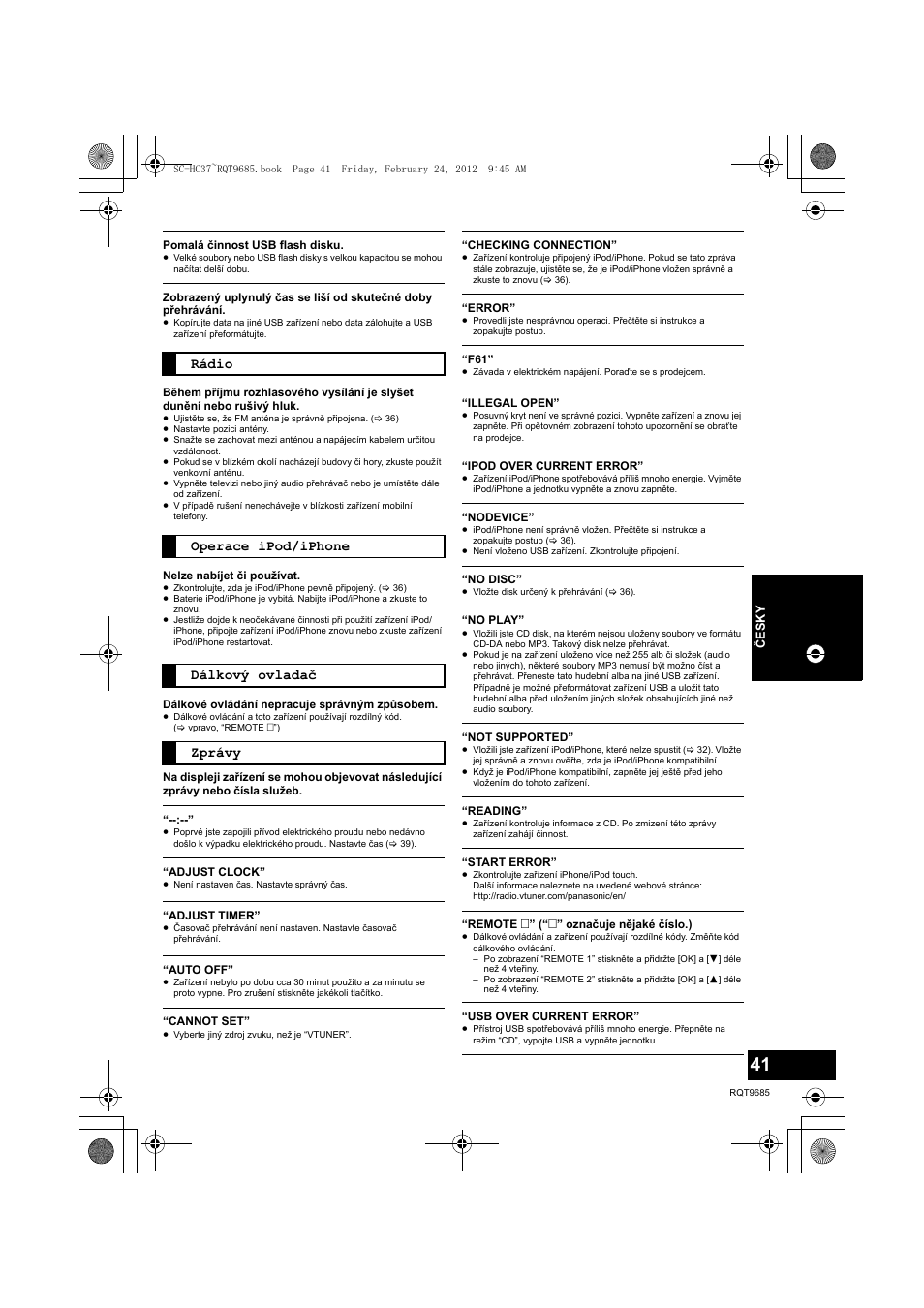 Rádio operace ipod/iphone dálkový ovladač zprávy | Panasonic SCHC37EC User Manual | Page 41 / 44
