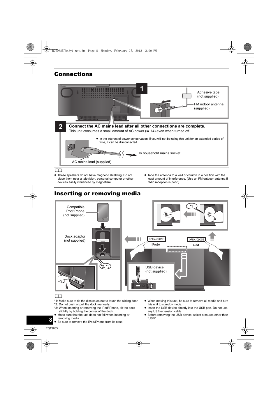 Connections, Inserting or removing media | Panasonic SCHC37EC User Manual | Page 8 / 44