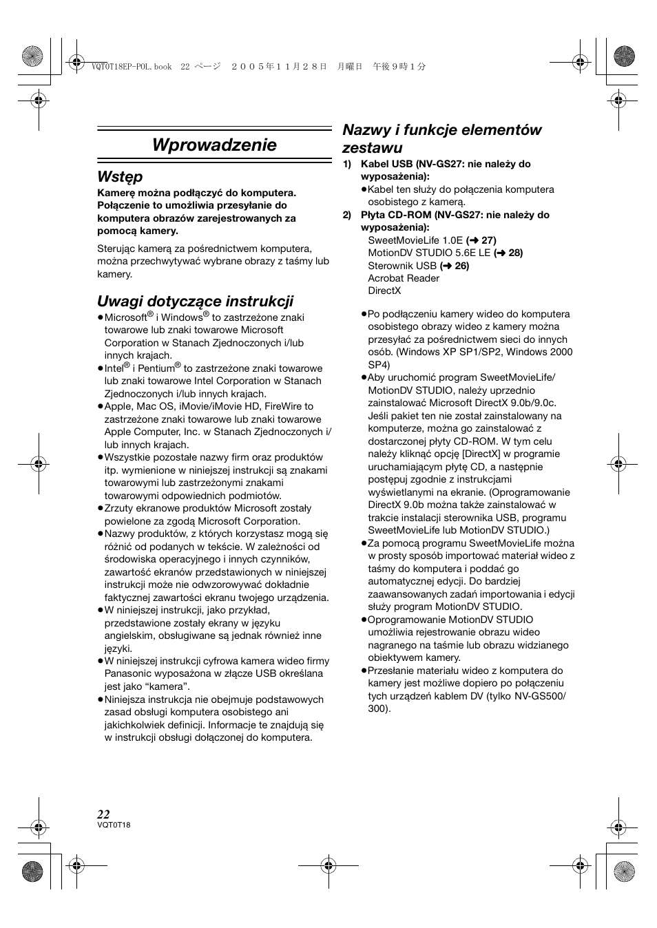 Wprowadzenie, Wstęp, Uwagi dotyczące instrukcji | Nazwy i funkcje elementów zestawu | Panasonic NVGS280 User Manual | Page 22 / 76