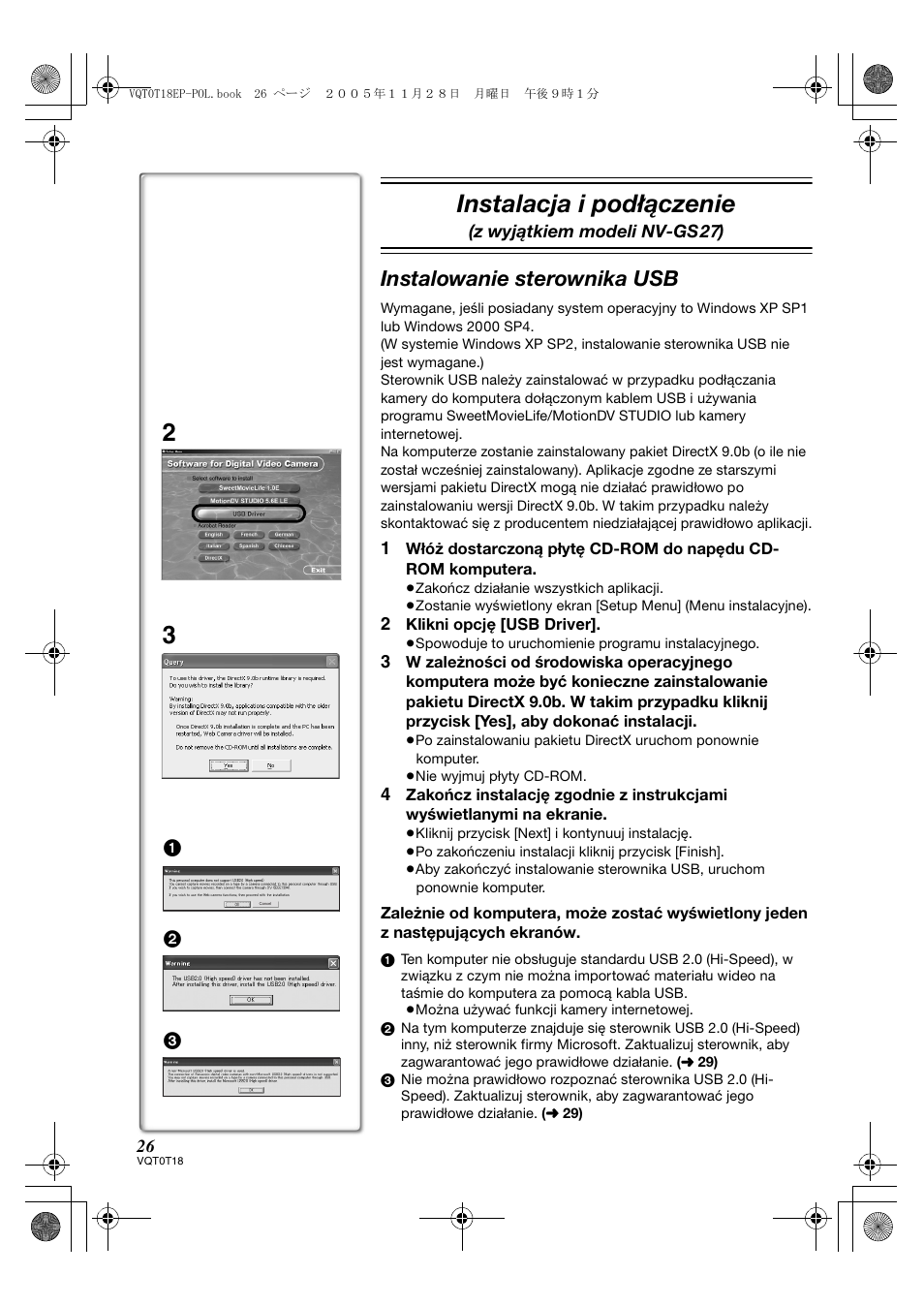 Instalacja i podłączenie, Instalowanie sterownika usb | Panasonic NVGS280 User Manual | Page 26 / 76