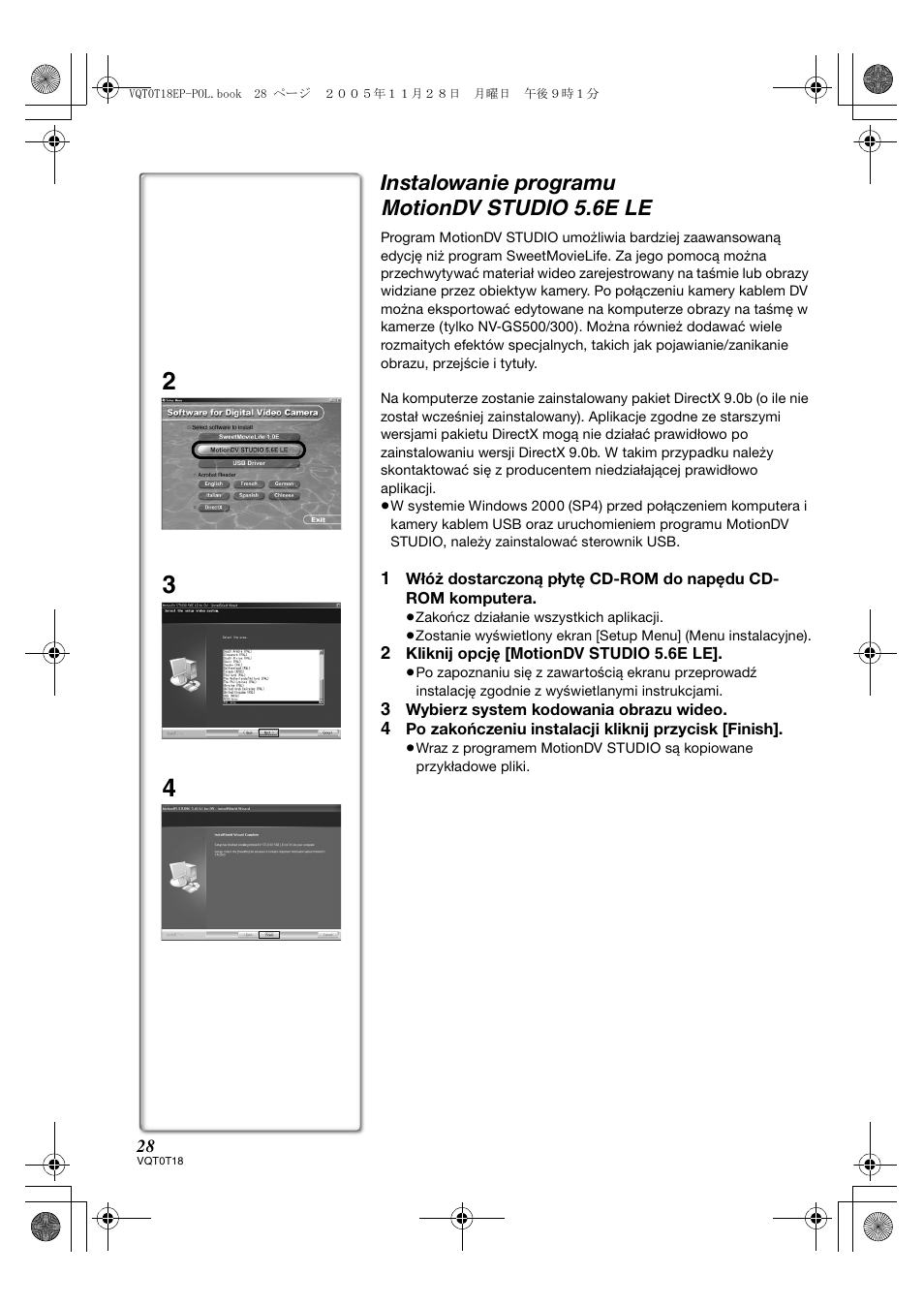 Instalowanie programu motiondv studio 5.6e le | Panasonic NVGS280 User Manual | Page 28 / 76