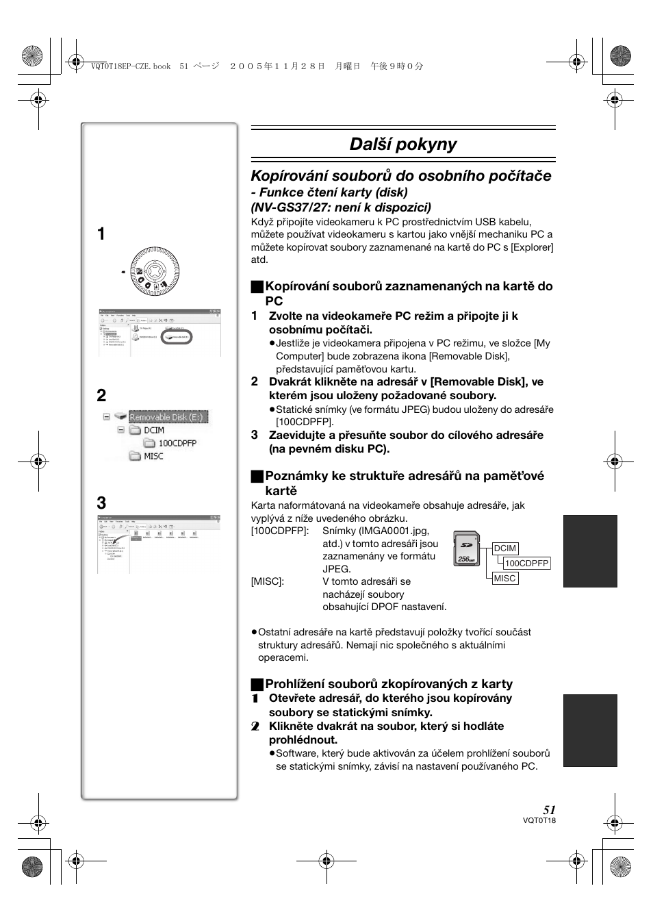 Další pokyny, Kopírování souborů do osobního počítače | Panasonic NVGS280 User Manual | Page 51 / 76