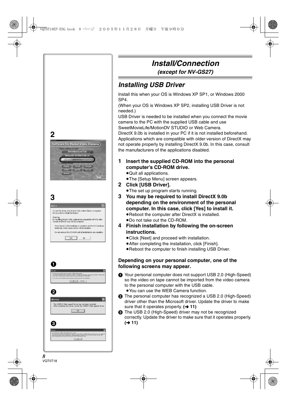 Install/connection, Installing usb driver | Panasonic NVGS280 User Manual | Page 8 / 76