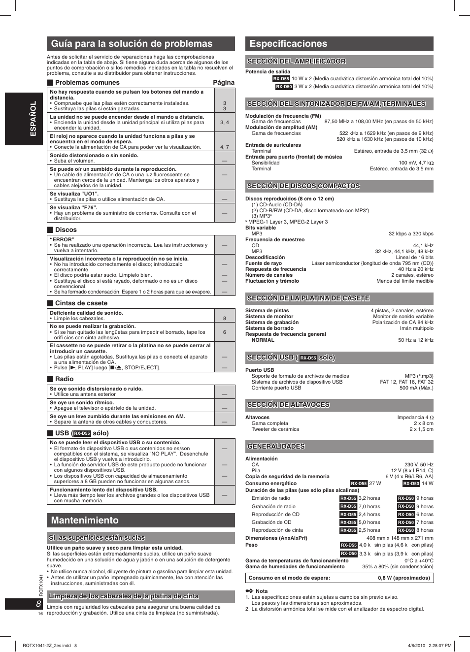 Especifi caciones, Guía para la solución de problemas, Mantenimiento | Panasonic RXD50EG User Manual | Page 16 / 28