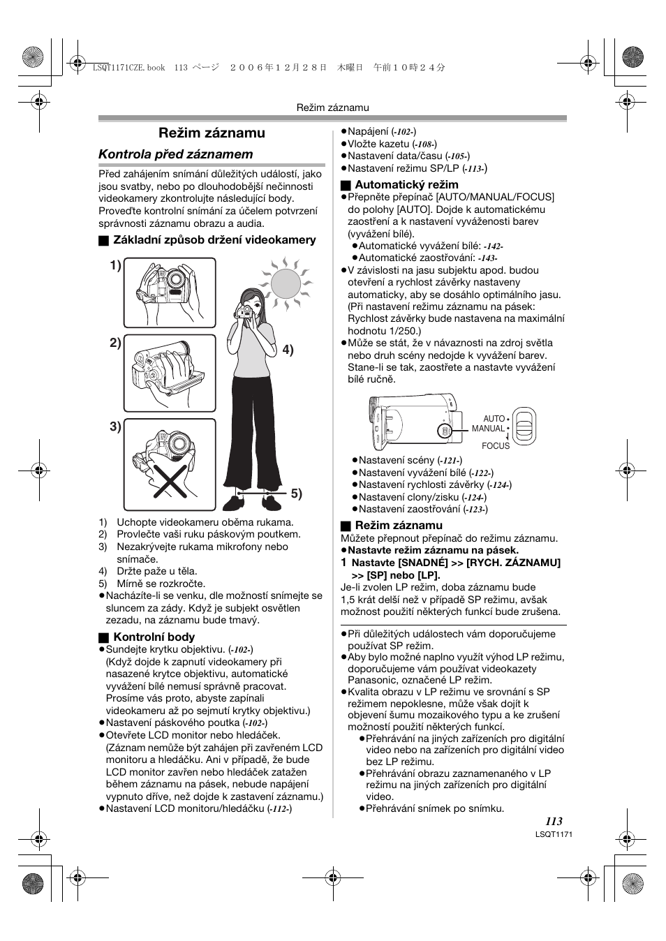 Režim záznamu, Kontrola před záznamem | Panasonic NVGS60EP User Manual | Page 113 / 192