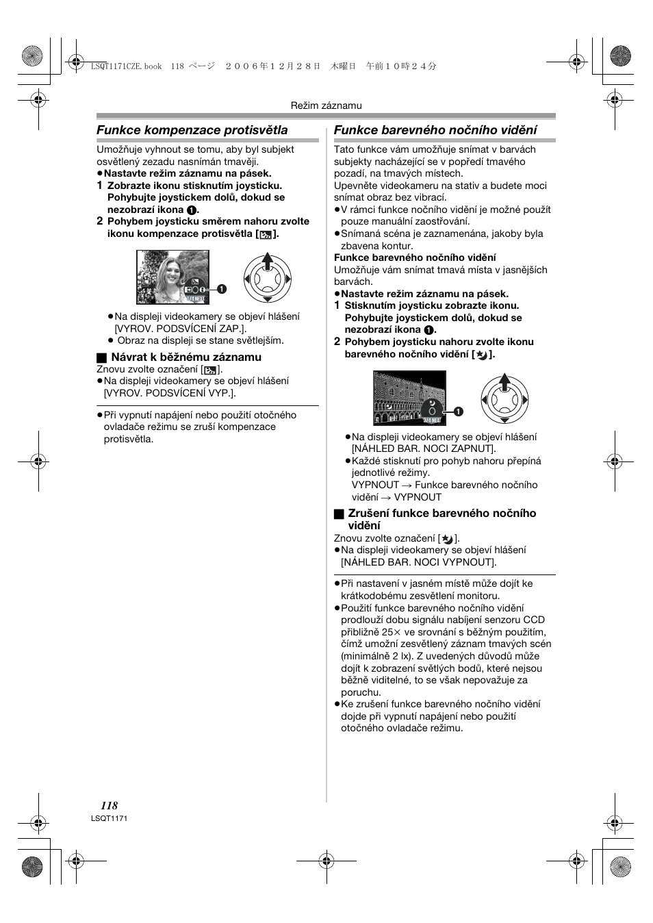Funkce kompenzace protisvětla, Funkce barevného nočního vidění | Panasonic NVGS60EP User Manual | Page 118 / 192