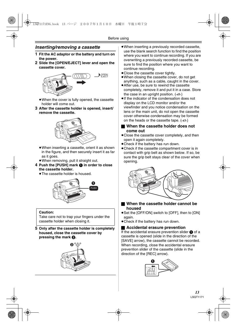 Inserting/removing a cassette | Panasonic NVGS60EP User Manual | Page 13 / 192