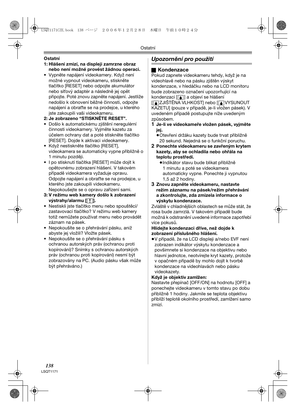 Upozornění pro použití | Panasonic NVGS60EP User Manual | Page 138 / 192