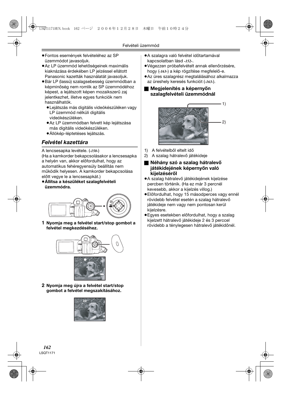 Felvétel kazettára | Panasonic NVGS60EP User Manual | Page 162 / 192