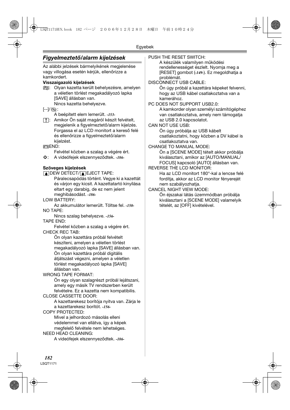 Figyelmeztető/alarm kijelzések | Panasonic NVGS60EP User Manual | Page 182 / 192