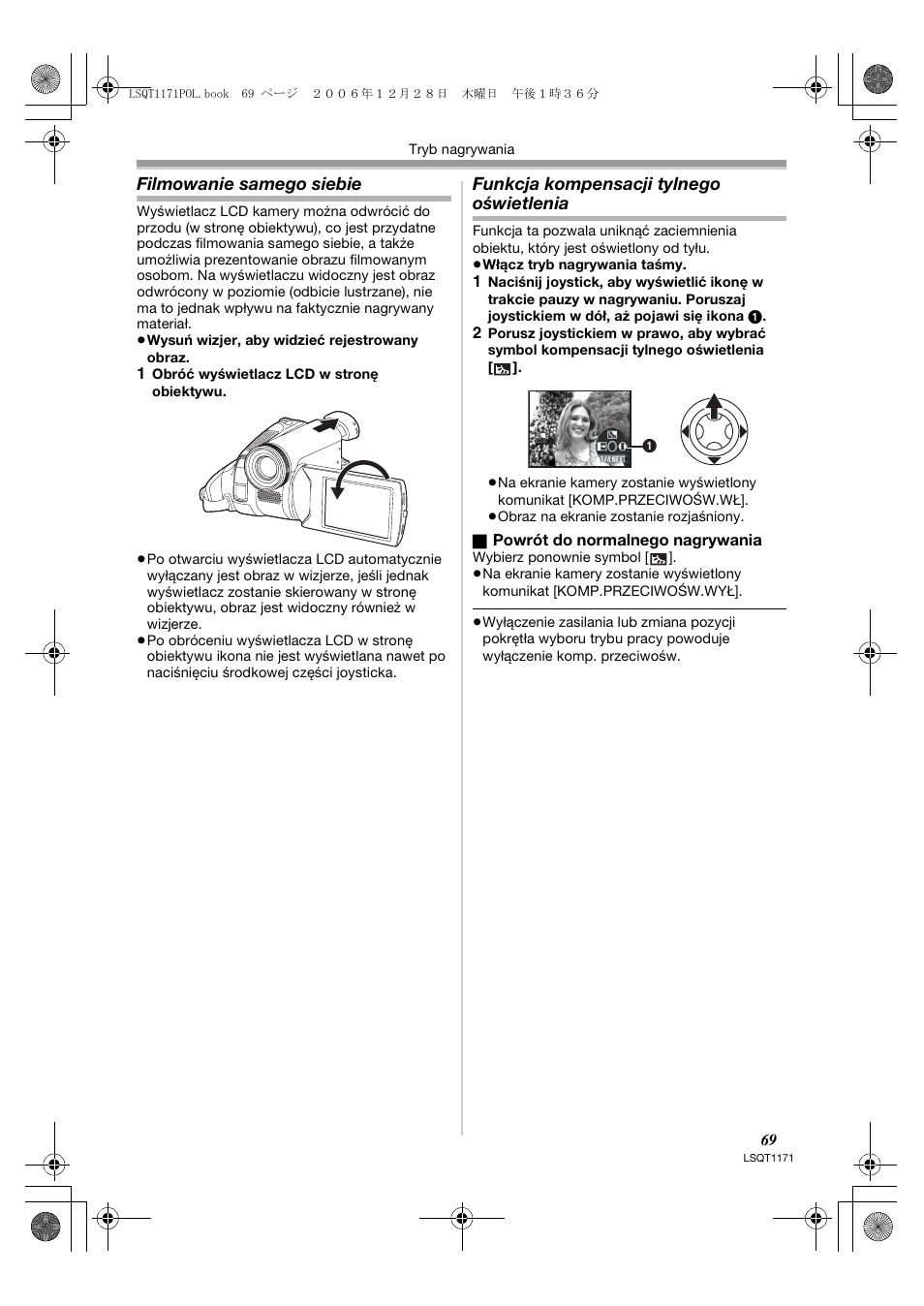 Filmowanie samego siebie, Funkcja kompensacji tylnego oświetlenia | Panasonic NVGS60EP User Manual | Page 69 / 192