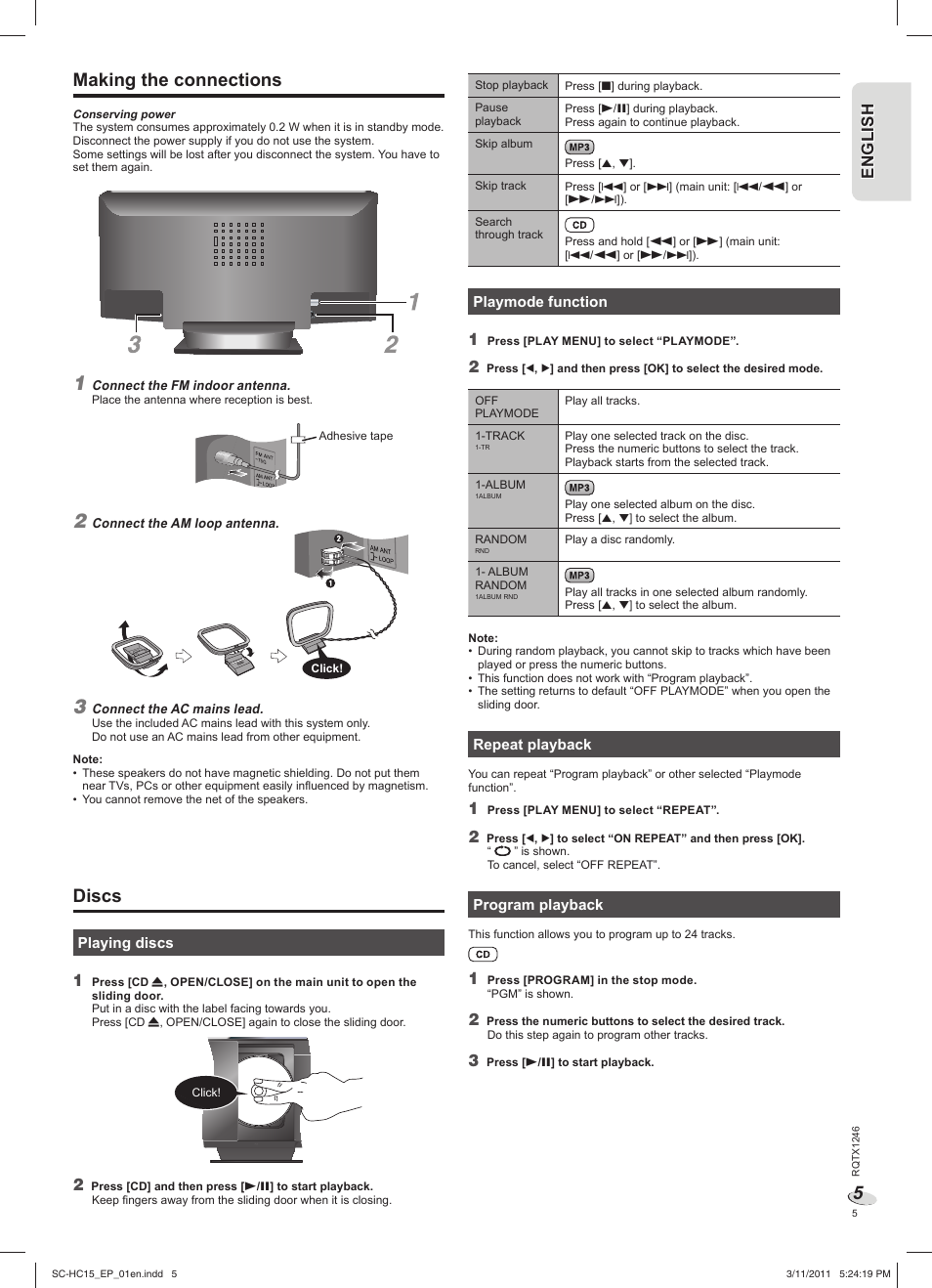 Discs, Making the connections, En g l is h engl ish | Panasonic SCHC15EP User Manual | Page 5 / 44