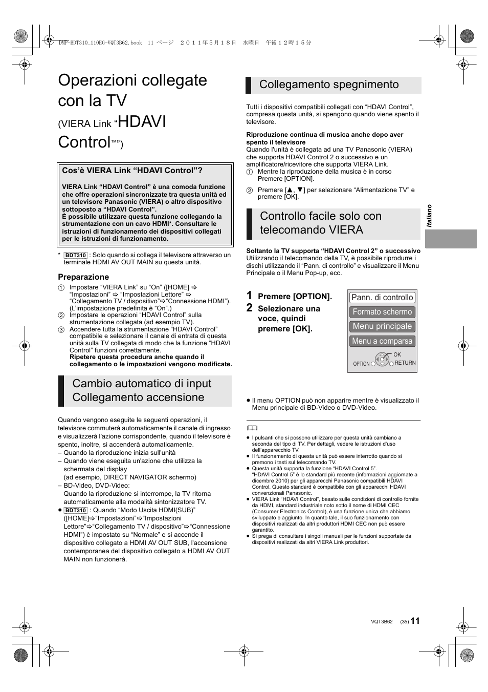 Operazioni collegate con la tv, Hdavi control, Viera link | Panasonic DMPBDT210 User Manual | Page 35 / 136