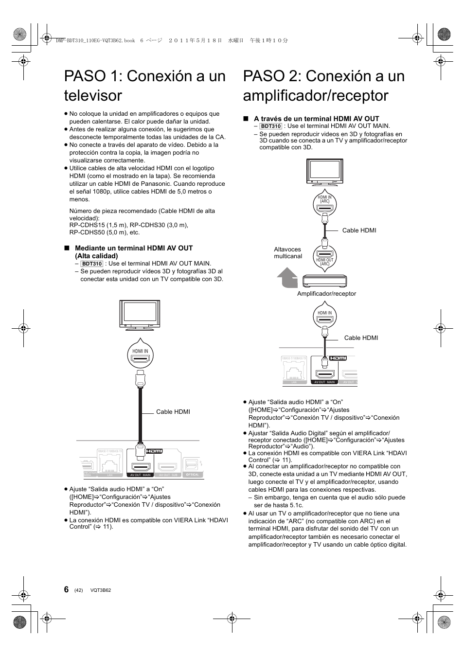 Paso 1: conexión a un televisor, Paso 2: conexión a un amplificador/receptor | Panasonic DMPBDT210 User Manual | Page 42 / 136